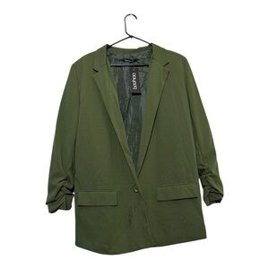 Boohoo Khaki Green Ruched Sleeve Tailored Blazer US 10 UK 14 NWT, Damaged